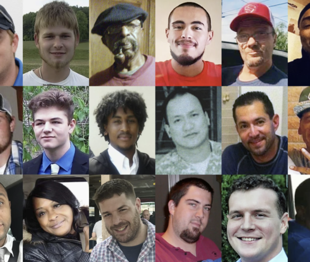 This combination of photos shows, top row from left, Anthony Timpa, Austin Hunter Turner, Carl Grant, Damien Alvarado, Delbert McNiel and Demetrio Jackson; second row from left, Drew Edwards, Evan Terhune, Giovani Berne, Glenn Ybanez, Ivan Gutzalenko and Mario Clark; bottom row from left, Michael Guillory, Robbin McNeely, Seth Lucas, Steven Bradley Beasley, Taylor Ware and Terrell “Al” Clark. Each died after separate encounters with police in which officers used force that is not supposed to be deadly. (AP Photo)